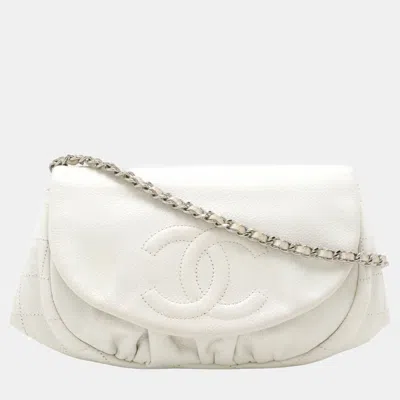 Pre-owned Chanel Half Moon Wallet On Chain White Caviar Leather Crossbody Bag