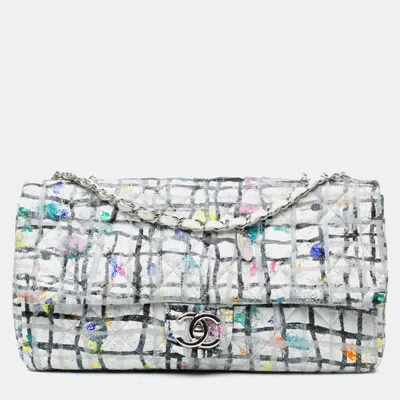 Pre-owned Chanel Hand Painted Graffiti Flap Medium Calfskin Shoulder Bag In White