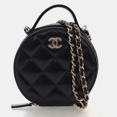 Pre-owned Chanel Handle With Care Round Small Black Patent Leather Vanity Case Crossbody Bag