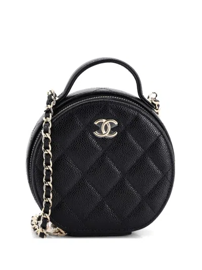 Pre-owned Chanel Handle With Care Round Vanity Case With Chain Quilted Caviar Small Crossbody Bag In Black