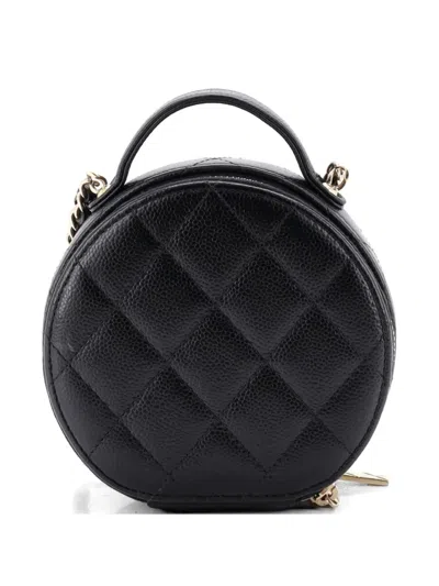 Pre-owned Chanel Handle With Care Round Vanity Case With Chain Quilted Caviar Small Crossbody Bag In Black