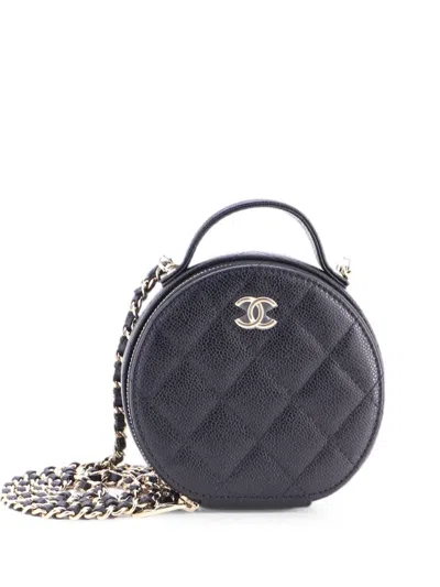 Pre-owned Chanel Handle With Care Round Vanity Case With Chain Quilted Caviar Small Crossbody Bag In Black