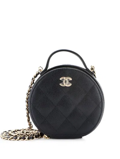 Pre-owned Chanel Handle With Care Round Vanity Case With Chain Quilted Caviar Small Crossbody Bag In Black