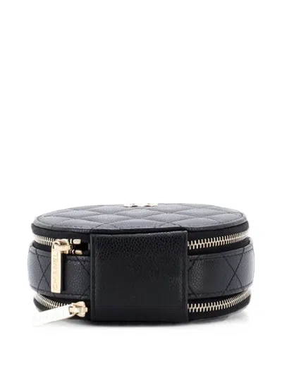 Pre-owned Chanel Handle With Care Round Vanity Case With Chain Quilted Caviar Small Crossbody Bag In Black