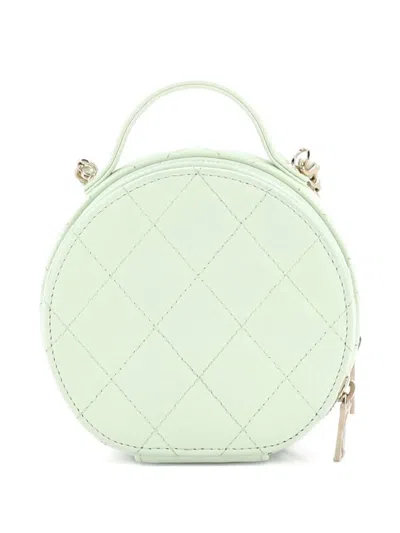 Pre-owned Chanel Handle With Care Round Vanity Case With Chain Quilted Caviar Small Crossbody Bag In Green