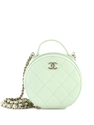 Pre-owned Chanel Handle With Care Round Vanity Case With Chain Quilted Caviar Small Crossbody Bag In Green