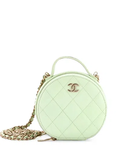 Pre-owned Chanel Handle With Care Round Vanity Case With Chain Quilted Caviar Small Crossbody Bag In Green