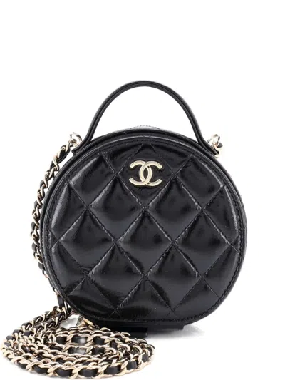 Pre-owned Chanel Handle With Care Round Vanity Case With Chain Quilted Lambskin Small Crossbody Bag In Black