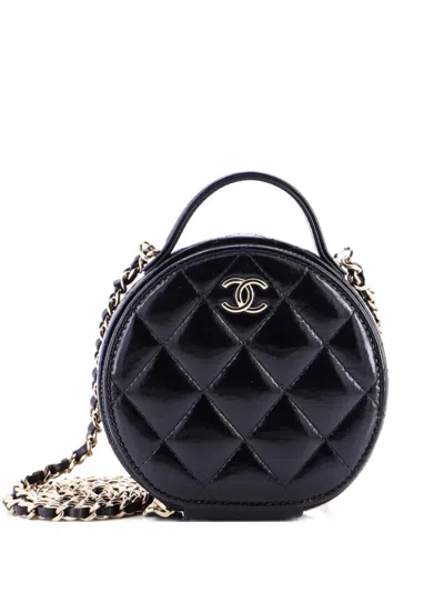 Pre-owned Chanel Handle With Care Round Vanity Case With Chain Quilted Lambskin Small Crossbody Bag In Black