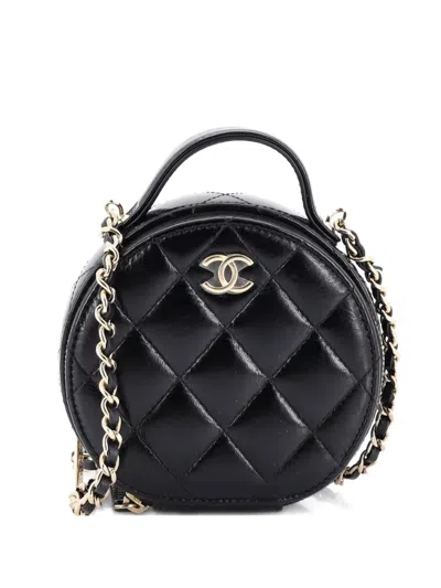 Pre-owned Chanel Handle With Care Round Vanity Case With Chain Quilted Lambskin Small Crossbody Bag In Black