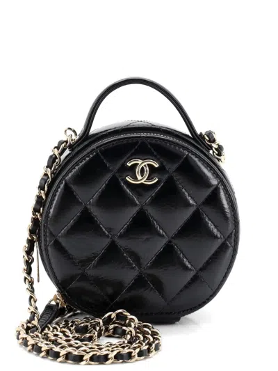 Pre-owned Chanel Handle With Care Round Vanity Case With Chain Quilted Lambskin Small Crossbody Bag In Black