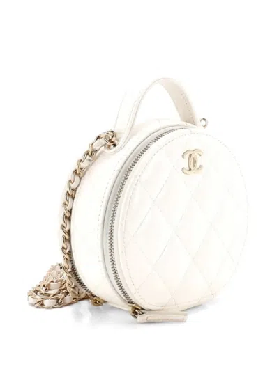 Pre-owned Chanel Handle With Care Round Vanity Case With Chain Quilted Lambskin Small Crossbody Bag In White