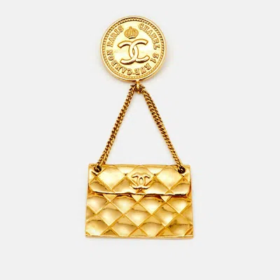 Pre-owned Chanel Hanging Flap Bag Motif Gold Tone Pin Brooch