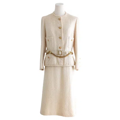 Pre-owned Chanel Haute Couture 1983 Karl Ecru White Gold Belted Tweed Jacket Skirt Suit
