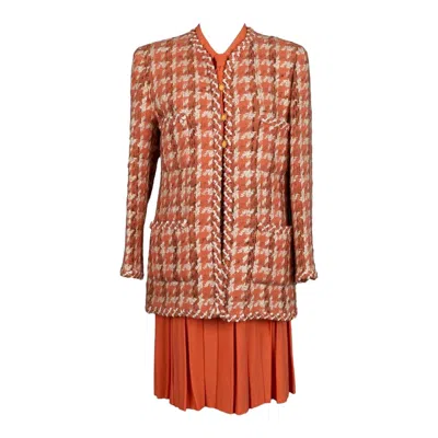 Pre-owned Chanel Haute Couture Orange Silk And Tweed Pleated Suit