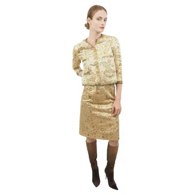 Pre-owned Chanel Haute Couture Silk Skirt Suit With Metal Thread Embroidery In Sand