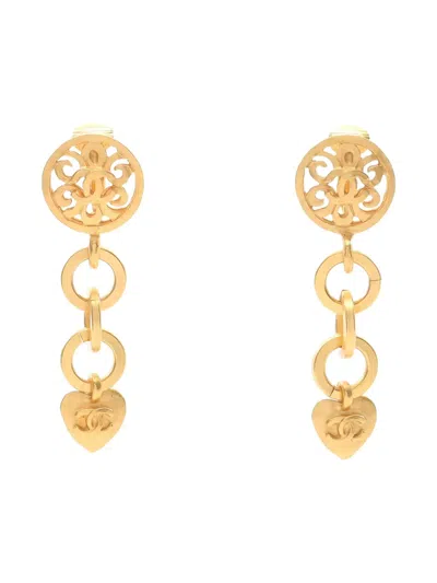 Pre-owned Chanel Hear-charm Drop Earrings In Gold