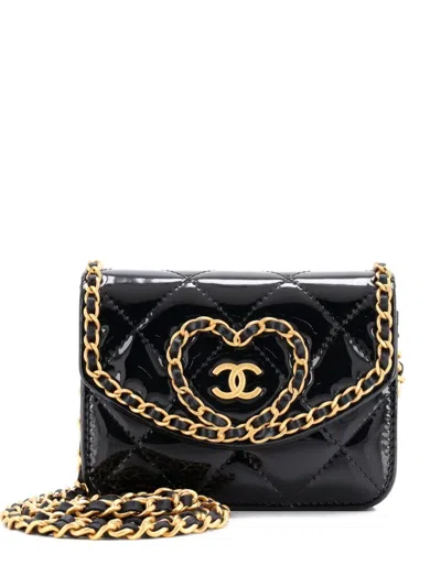 Pre-owned Chanel Heart Chain Flap Bag Quilted Patent Mini Crossbody Bag In Black