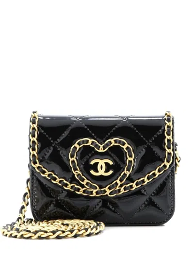 Pre-owned Chanel Heart Chain Flap Bag Quilted Patent Mini Crossbody Bag In Black