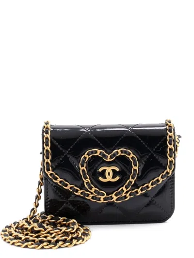 Pre-owned Chanel Heart Chain Flap Bag Quilted Patent Mini Crossbody Bag In Black