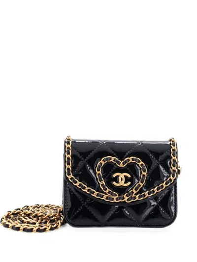 Pre-owned Chanel Heart Chain Flap Bag Quilted Patent Mini Crossbody Bag In Black