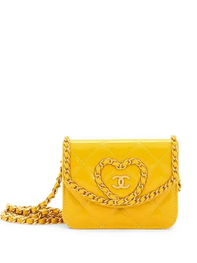 Pre-owned Chanel Heart Chain Flap Bag Quilted Patent Mini Crossbody Bag In Yellow