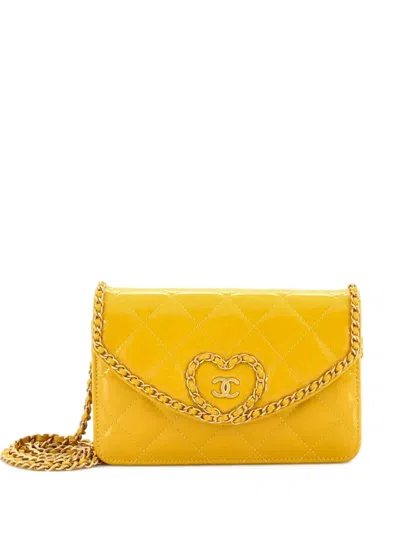 Pre-owned Chanel Heart Chain Wallet On Chain Quilted Patent Shoulder Bag In Yellow