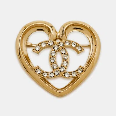 Pre-owned Chanel Heart Crystals Gold Tone Brooch