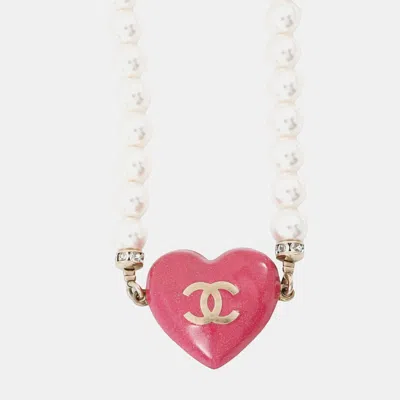 Pre-owned Chanel Heart Pink Rhinestone Gold Plated Faux Pearl Long Necklace