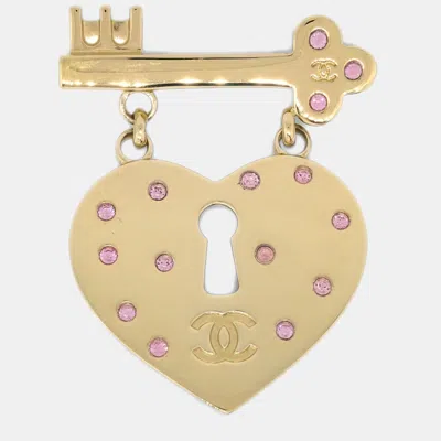 Pre-owned Chanel Heart Rhinestone Brooch Gold