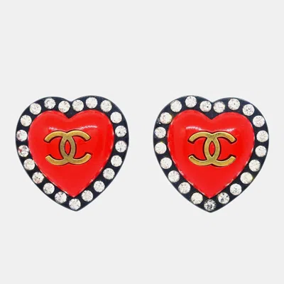 Pre-owned Chanel Heart Rhinestone Clip-on Earrings