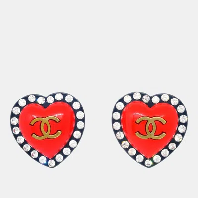 Pre-owned Chanel Heart Rhinestone Earrings Clip-on Red