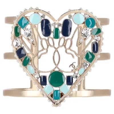 Pre-owned Chanel Heart-shaped Enamel, Pearl & Swarovski Crystal Peace Cuff Bracelet In Multi