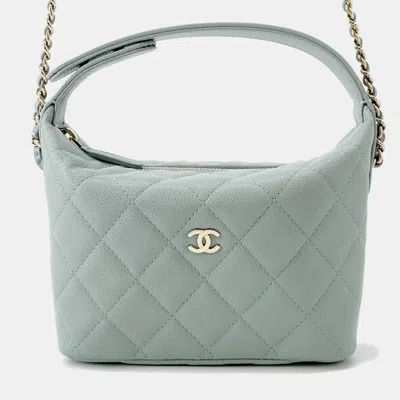 Pre-owned Chanel Hobo Chain Shoulder Mint Blue Caviar Leather