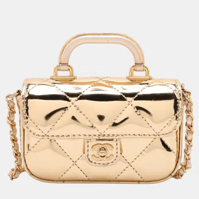 Pre-owned Chanel Hollywood Boulevard Mini Gold Mirror Metallic Calfskin Top Handle Clutch Bag