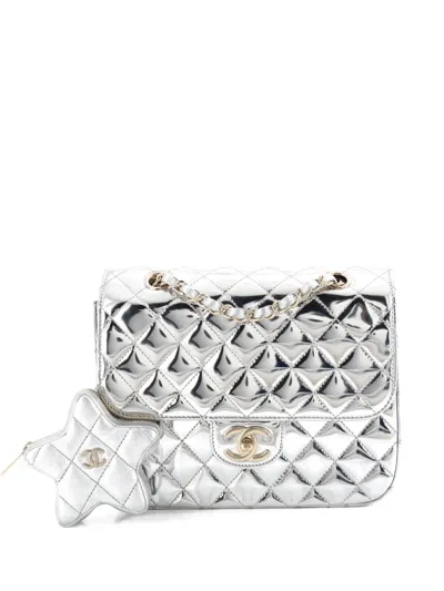 Pre-owned Chanel Hollywood Boulevard With Star Coin Purse Quilted Metallic Leather Backpack In Silver
