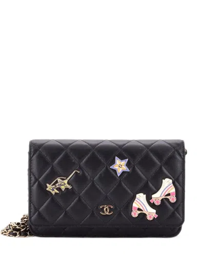 Pre-owned Chanel Hollywood Charms Wallet On Chain Quilted Lambskin Crossbody Bag In Black