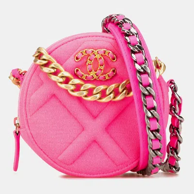 Pre-owned Chanel Hot Pink Jersey 19 Round Clutch On Chain