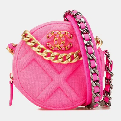 Pre-owned Chanel Hot Pink Jersey 19 Round Clutch On Chain