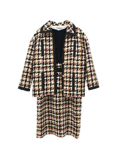 Pre-owned Chanel Houndstooth Tweed Jacket And Dress Set In Black