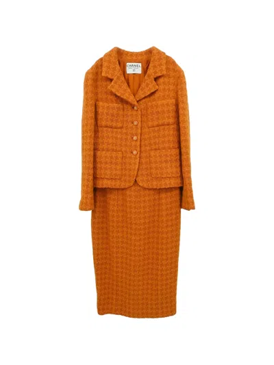 Pre-owned Chanel Houndstooth Tweed Skirt And Jacket Suit In Orange