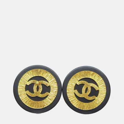 Pre-owned Chanel Huge Button Earrings Clip-on Gold Black