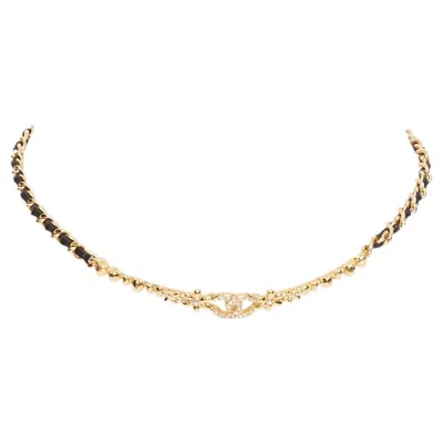 Pre-owned Chanel I23a Crystal Strass Pave Leather Chain Interweave Choker Necklace In Multiple