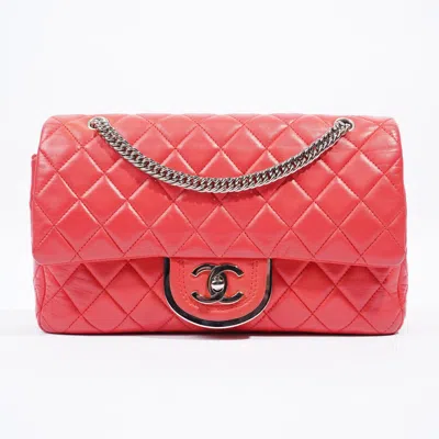 Pre-owned Chanel Icon Double Flap Coral Lambskin Leather Crossbody Bag In Pink