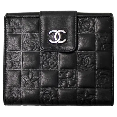 Pre-owned Chanel Icon Logo Embossed Black Lambskin Leather Wallet Circa 2004