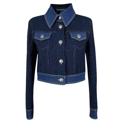 Pre-owned Chanel Iconic 2018 Navy Tweed & Denim Jacket 38 Fr In Blue