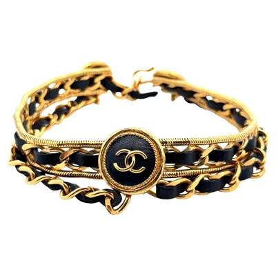 Pre-owned Chanel Iconic Vintage Signature  Black Leather Gold Plated Choker Necklace