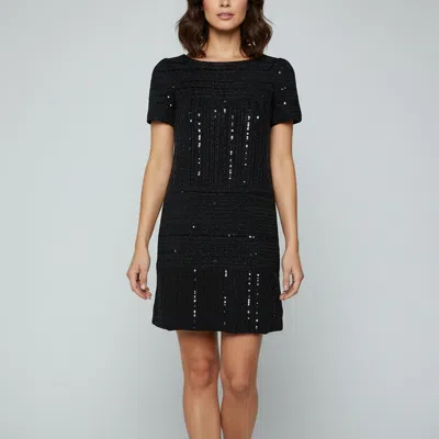Pre-owned Chanel Identification Black Striped Sequin Tweed Mini Shift Dress M