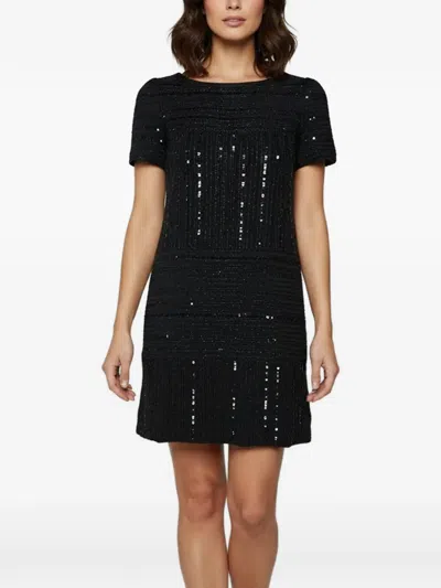 Pre-owned Chanel Identification Striped Shift Mini Dress In Black
