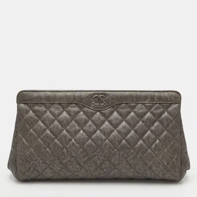 Pre-owned Chanel In Story Grey Quilted Caviar Leather Clutch In Gray